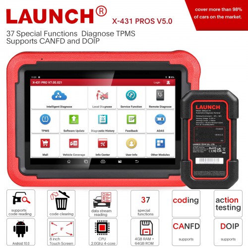 2024 Launch X-431 PROS V5.0 Diagnostic Tool 37 Special Functions Intelligent Diagnose TPMS Supports CANFD and DOIP Replaces X431 Pros V1.0