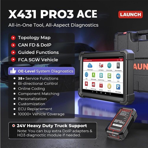 2024 LAUNCH X431 PRO3 ACE Car OBD2 Diagnostic Tool with DBScar VII Support Topology Mapping Online Coding CANFD DoIP FCA AutoAuth HD Trucks Scan