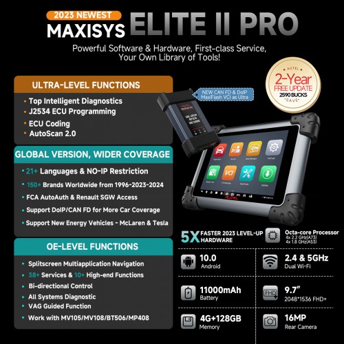 2024 Autel MaxiSys Elite II Pro Intelligent Diagnosis Scanner MaxiFlash VCI Support ECU Programming & Coding Same As MS909