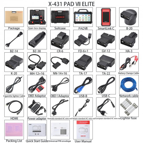 Launch X431 PAD VII Elite Car + Heavy Duty Truck Diagnostic Tool with Truck Software License Renew Card and Adapters